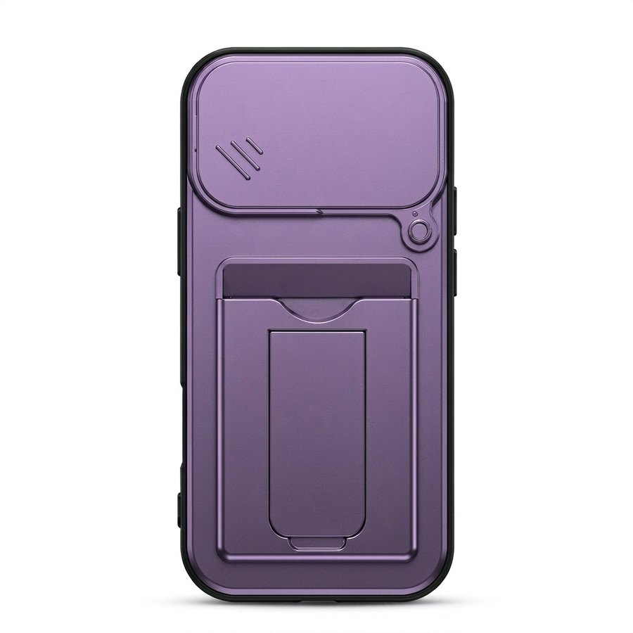 Card holder kickstand phone case in lilac with slide-in card slot and flip camera lens cover