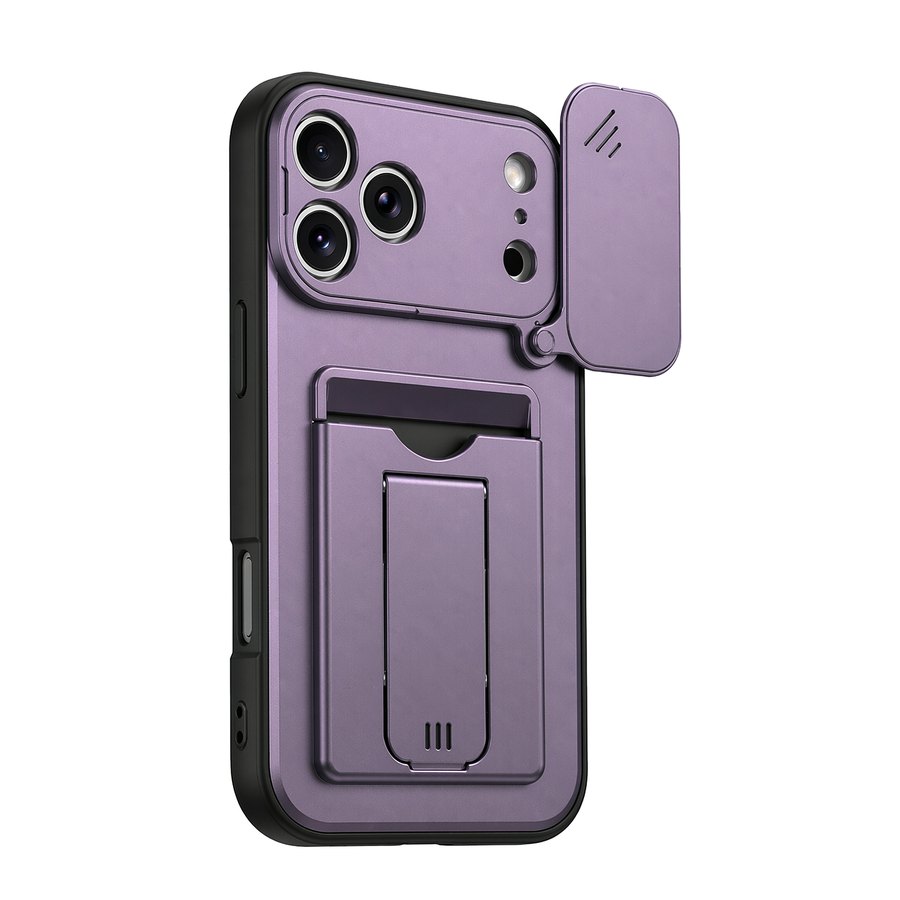 Card holder kickstand phone case in lilac with slide-in card slot and flip camera lens cover